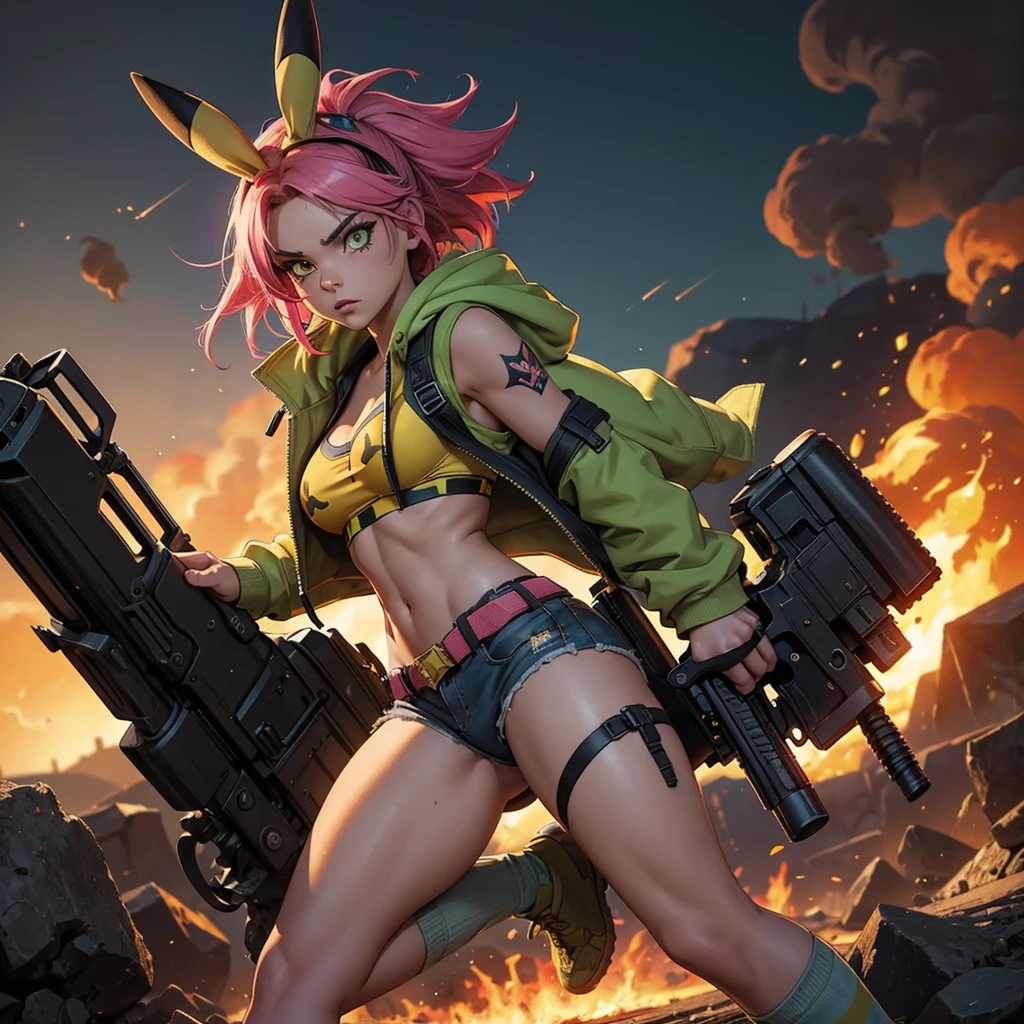 prompt: |
  A highly detailed and dynamic illustration of a Tank Girl-like character in a post-apocalyptic setting. The character is wearing a yellow Pikachu-inspired hoodie, with a target-patterned bikini top, pink shorts, and mismatched socks. She is carrying a large gun and a revolver, with grenades attached to her belt. Her hair is vibrant green and she has a confident, rebellious expression. The background features a dramatic fiery landscape with smoke and embers, creating an intense atmosphere. The overall style should be reminiscent of comic book art with bold lines, vibrant colors, and a gritty, energetic aesthetic.
