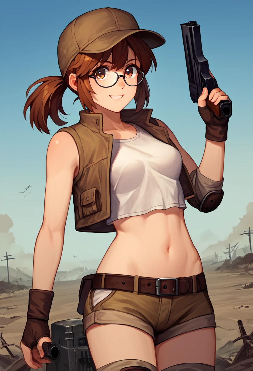 score_9, score_8_up, score_7_up, source_anime, fiogermi,1girl,fio germi, brown hair, glasses, medium hair, ponytail, brown eyes, crop top, hat, jacket, knee pads, shorts, sleeveless, navel, belt, outdoors, wasteland,gatling gun, weapon, holding gun, smile,ass,looking at viewer, cowboy shot,dynamic pose, dutch angle, solo,