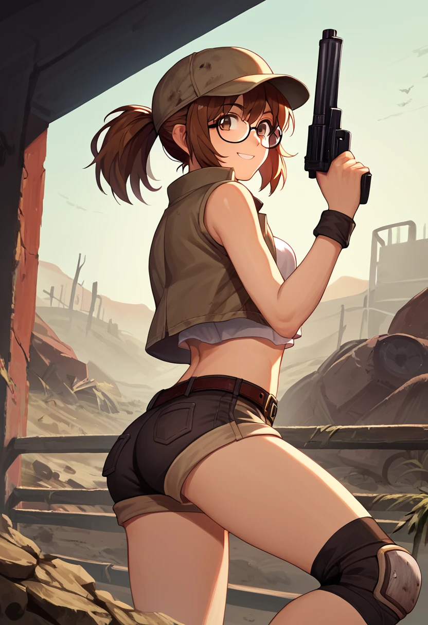 score_9, score_8_up, score_7_up, source_anime, fiogermi,1girl,fio germi, brown hair, glasses, medium hair, ponytail, brown eyes, crop top, hat, jacket, knee pads, shorts, sleeveless, navel, belt, outdoors, wasteland,gatling gun, weapon, holding gun, smile,ass,looking at viewer, cowboy shot,dynamic pose, dutch angle, solo,