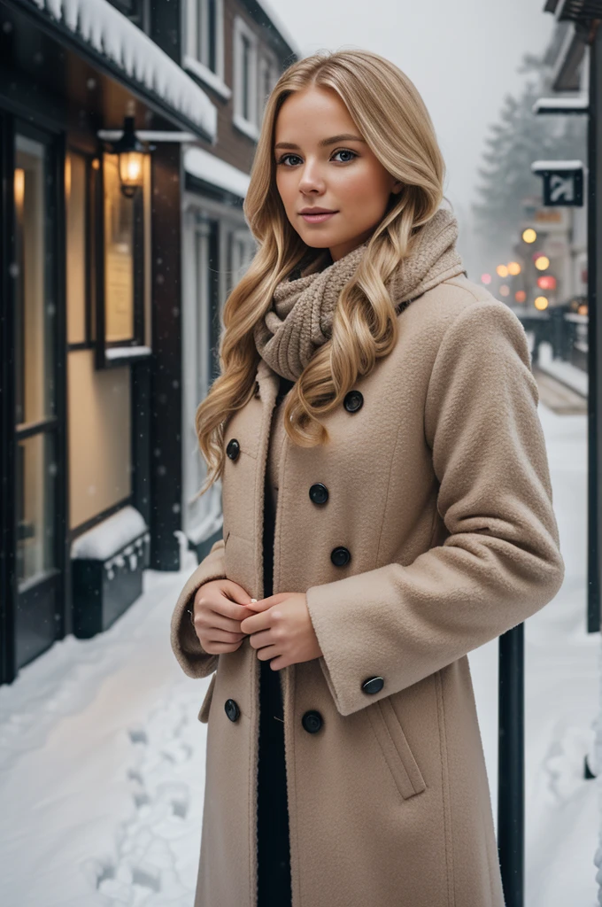 professional portrait photograph of a gorgeous Norwegian girl in winter clothing with long wavy blonde hair, sultry flirty look, gorgeous symmetrical face, cute natural makeup, wearing elegant warm winter fashion clothing, ((standing outside in snowy city street)), stunning modern urban environment, ultra realistic, concept art, elegant, highly detailed, intricate, sharp focus, depth of field, f/1. 8, 85mm, medium shot, mid shot, (((professionally color graded))), bright soft diffused light, (volumetric fog), trending on instagram, hdr 4k, 8k
