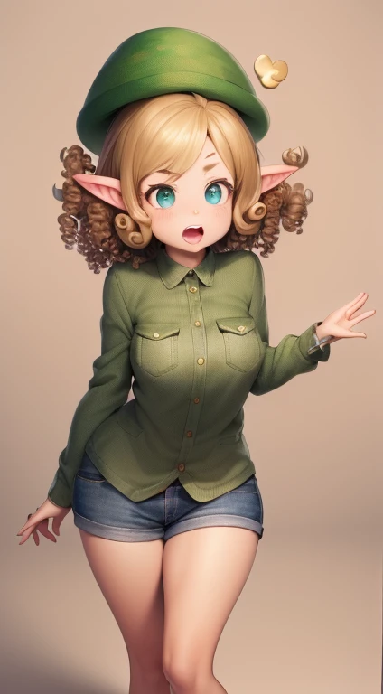 standing alone, female, 1 girl, (((Leprechaun, Leprechaun ears))),hazel eyes, (((curly hair, shorth hair, short girl, shortstack))), breasts big, gaping mouth, lipstick, The wide eyes, (((Surprised expression))), fantasy village, Brown Cover