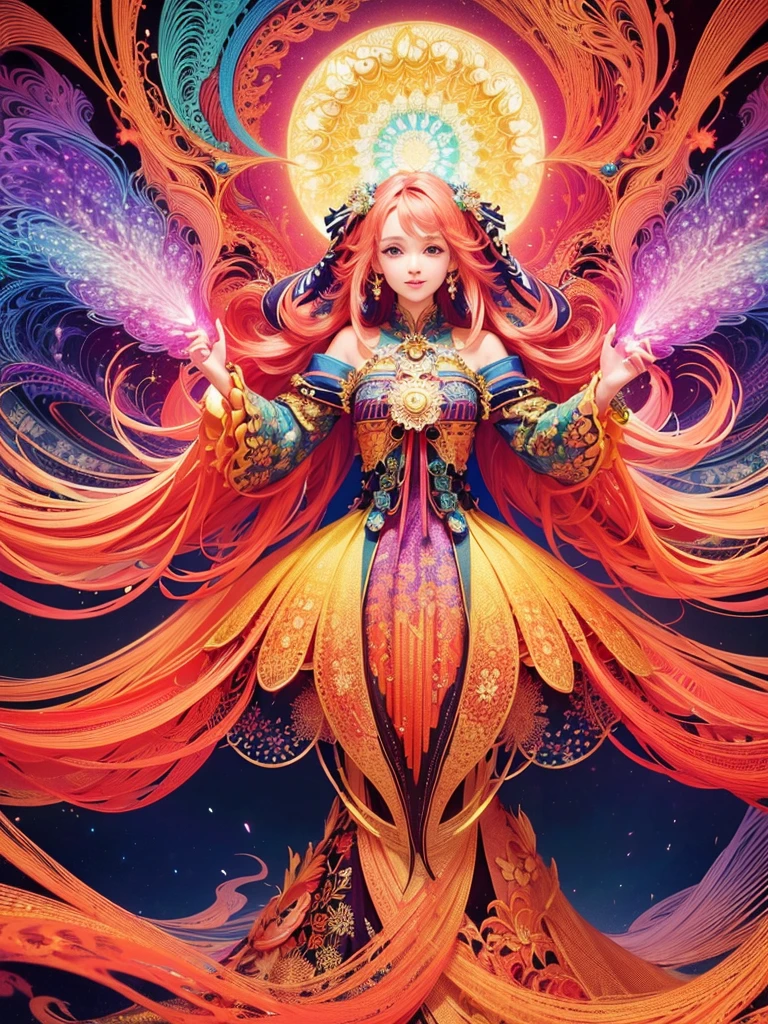 (masterpiece, Highest quality, Highest quality, Official Art, beautifully、aesthetic:1.2), (One girl:1.3), Very detailed,(Fractal Art:1.2),colorful,Most detailed,(Tangled:1.2), (Dynamic pose), (Abstract background:1.5), (Traditional Costume:1.2), (Glowing Skin), (Many colors:1.4), Upper Body