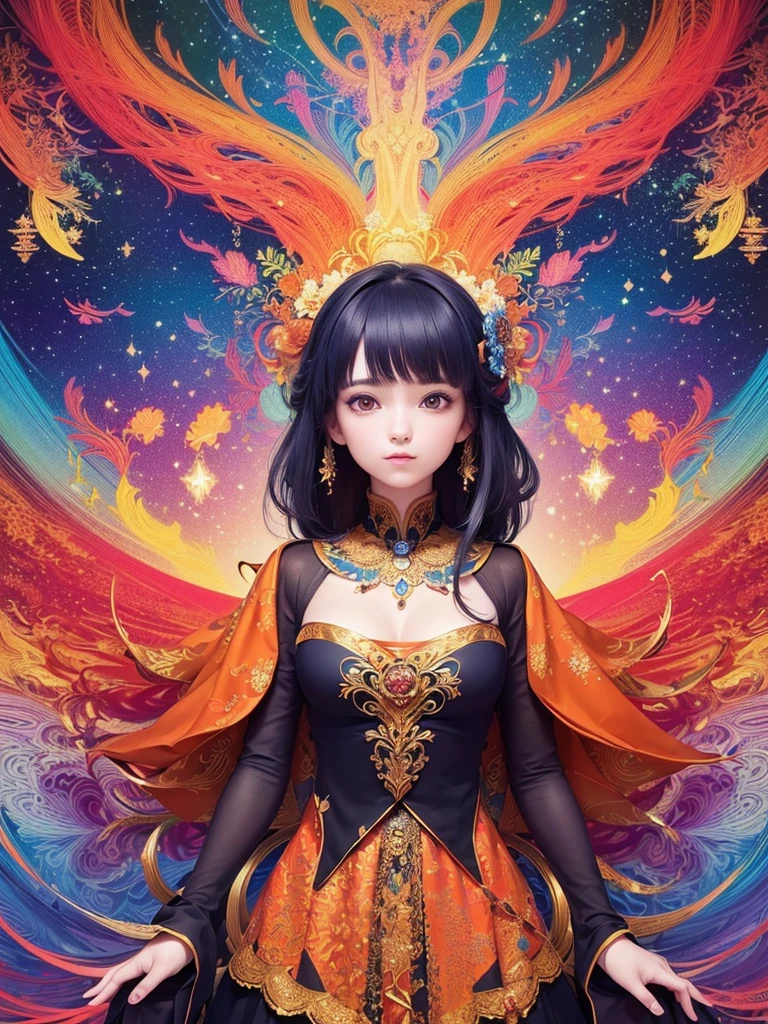 (masterpiece, Highest quality, Highest quality, Official Art, beautifully、aesthetic:1.2), (One girl:1.3), Very detailed,(Fractal Art:1.2),colorful,Most detailed,(Tangled:1.2), (Dynamic pose), (Abstract background:1.5), (Traditional Costume:1.2), (Glowing Skin), (Many colors:1.4), Upper Body