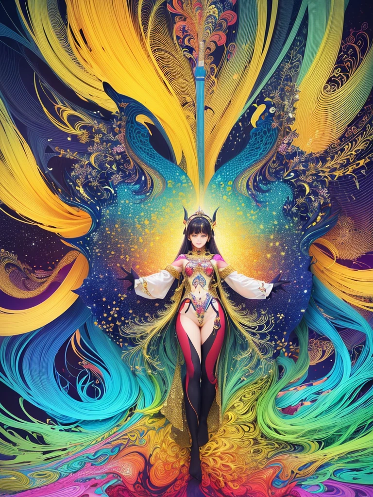 (masterpiece, Highest quality, Highest quality, Official Art, beautifully、aesthetic:1.2), (One girl:1.3), Very detailed,(Fractal Art:1.2),colorful,Most detailed,(Tangled:1.2), (Dynamic pose), (Abstract background:1.5), (Traditional Costume:1.2), (Glowing Skin), (Many colors:1.4), Upper Body
