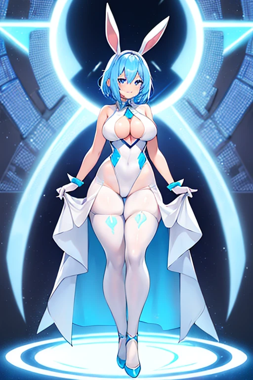 1girl, full body, rabbit ears, bunny ears, light skin, white skin, white bunnysuit, blue trim, bunnysuit, pantyhose, machinery, futuristic, science-fiction, neon trim, tech, large breasts, hourglass figure, blue hair, very short hair, blue eyes, smile, high heels, standing, ((full body))