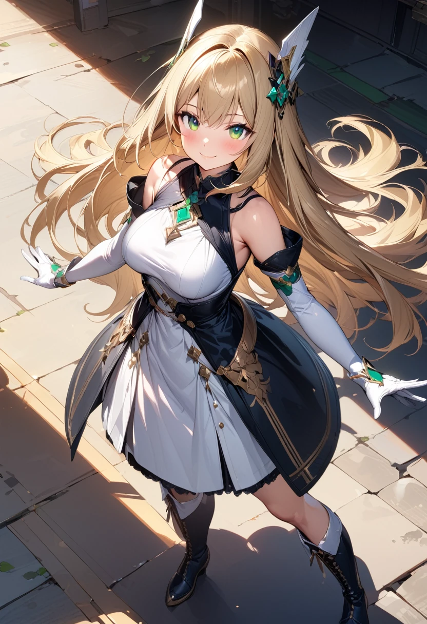 (masterpiece),(best quality),(ultra-detailed),(best illustration),(best shadow),(absurdres),(detailed background),(very aesthetic), 1girl, green-eyes, solo, gloves, blonde-hair, ((long-hair)), white-gloves, looking-at-viewer, full-body, simple-background, boots, dress, breasts, smile, standing, hair-ornament, closed-mouth, bangs, outstretched-arms, knee-boots, medium-breasts, bare-shoulders, detached-sleeves, ribbon, headgear, blush, sleeveless, elbow-gloves, skirt