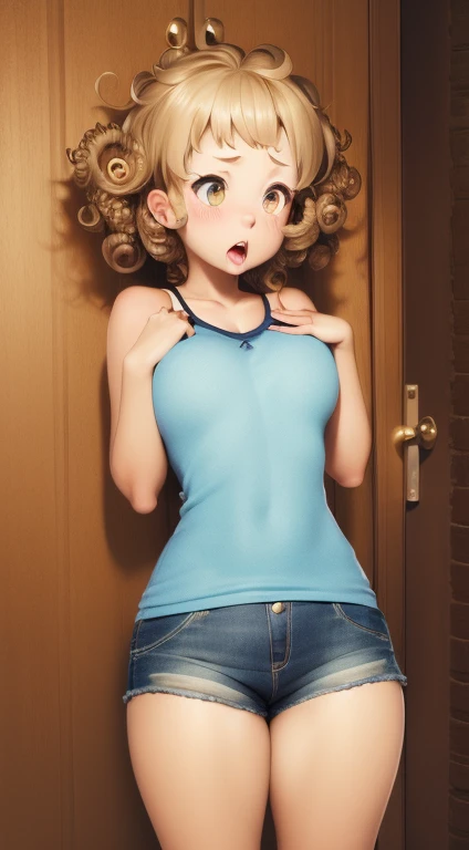 standing alone, female, 1 girl, hazel eyes, (((curly hair, shorth hair, short girl, shortstack))), breasts big, gaping mouth, lipstick, The wide eyes, (((Surprised expression))), fantasy village, Brown Cover