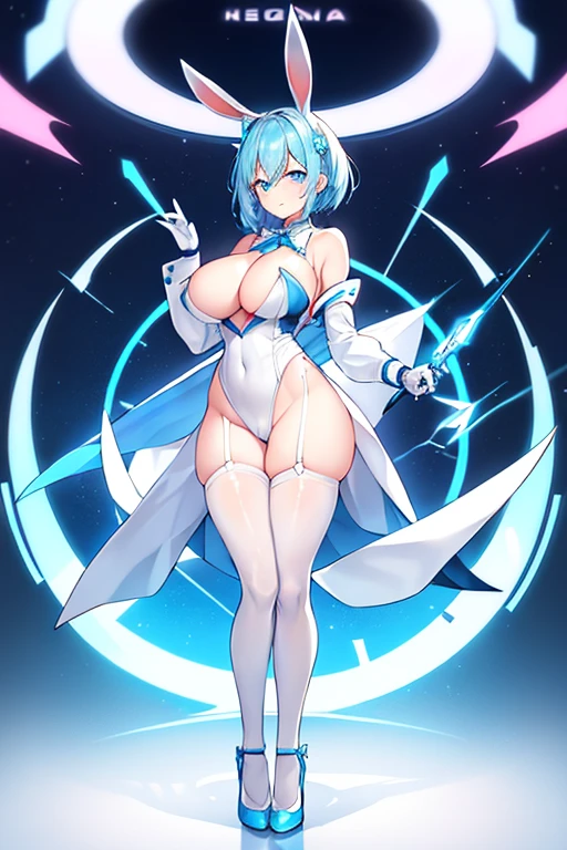 1girl, full body, rabbit ears, bunny ears, light skin, white skin, white bunnysuit, blue trim, bunnysuit, pantyhose, machinery, futuristic, science-fiction, neon trim, tech, large breasts, hourglass figure, blue hair, very short hair, blue eyes, smile, high heels, standing, ((full body)), breasts, thick thighs, mature female