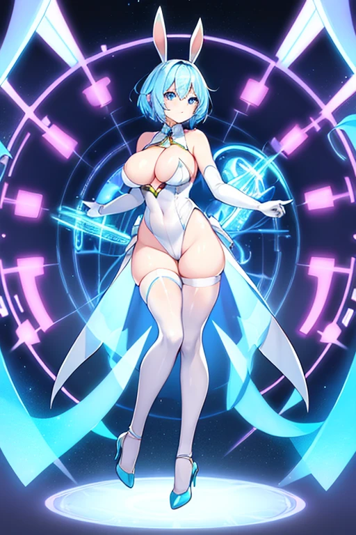 1girl, full body, rabbit ears, bunny ears, light skin, white skin, white bunnysuit, blue trim, bunnysuit, pantyhose, machinery, futuristic, science-fiction, neon trim, tech, large breasts, hourglass figure, blue hair, very short hair, blue eyes, smile, high heels, standing, ((full body)), breasts, thick thighs, mature female