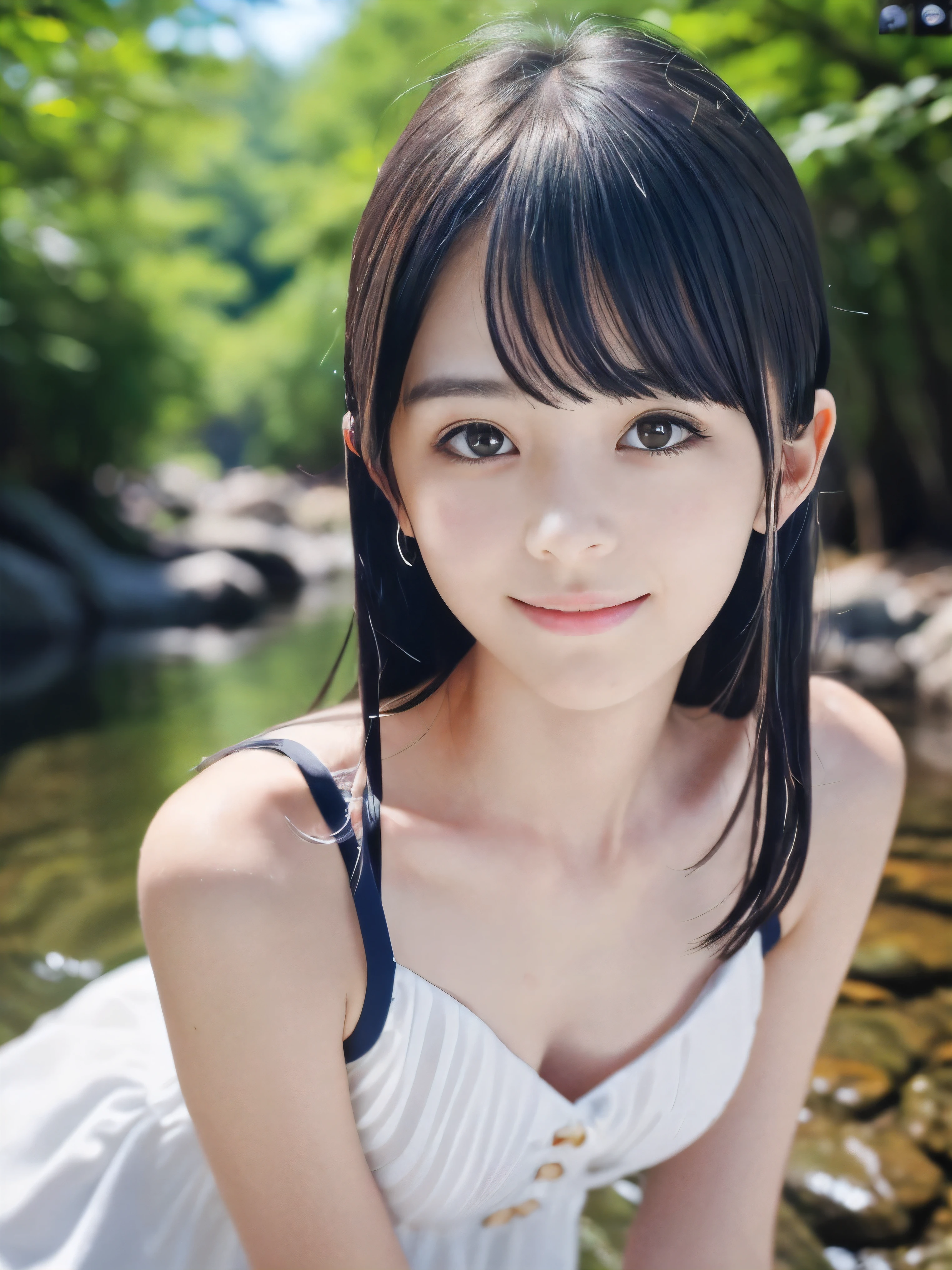 (Close up portrait of slender small-breasted dark silver long hair with swept bangs girl wearing a white summer dress:1.5)、(One girl is splaying with small smile in the clear stream and water fall at the forest in Japan:1.5)、(Summer beautiful blue sky and forest:1.5)、(blurred background:1.5)、(8k ultra detailed master piece:1.5)、(perfect anatomy:1.5)、(Photorealistic stick:1.5)、(Raw photo:1.3)、(highest quality:1.5)、(High resolution:1.3)、(Delicate and beautiful perfect face:1.3)、(Delicate and beautiful eye air skin:1.3)、(Real Human Skin:1.3)、((thin legs))