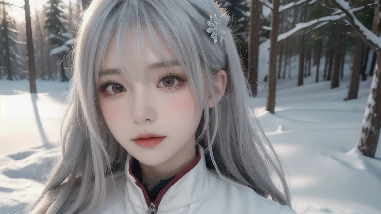 ((Best Quality)), ((masterpiece)),,((ultra detailed)), Extremely detailed CG, , (an extremely delicate and beautiful), 1 girl, Alone, ((beautiful face)),(beautiful detailed eyes), Red eyes,by white, shiny hair, colored inner hair,ice rose,Ice hair decorations,Garnish,, [ice glass],, glass,((by the floating)), ((caustic)),((messy hair))"A young woman with wavy by white, walking through a snowy forest in winter, wearing a warm coat and boots, with snowflakes falling gently around it, full camera view