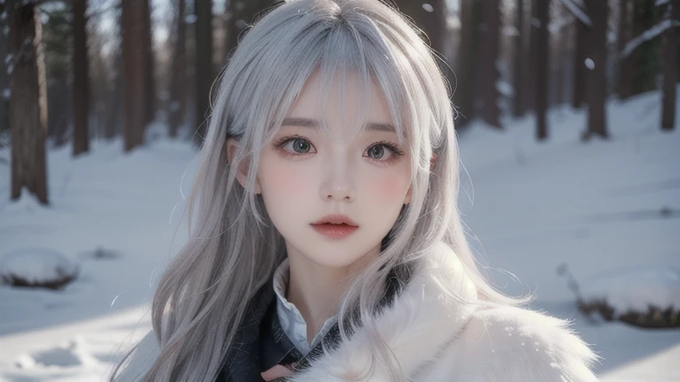 ((Best Quality)), ((masterpiece)),,((ultra detailed)), Extremely detailed CG, , (an extremely delicate and beautiful), 1 girl, Alone, ((beautiful face)),(beautiful detailed eyes), Red eyes,by white, shiny hair, colored inner hair,ice rose,Ice hair decorations,Garnish,, [ice glass],, glass,((by the floating)), ((caustic)),((messy hair))"A young woman with wavy by white, walking through a snowy forest in winter, wearing a warm coat and boots, with snowflakes falling gently around it, full camera view