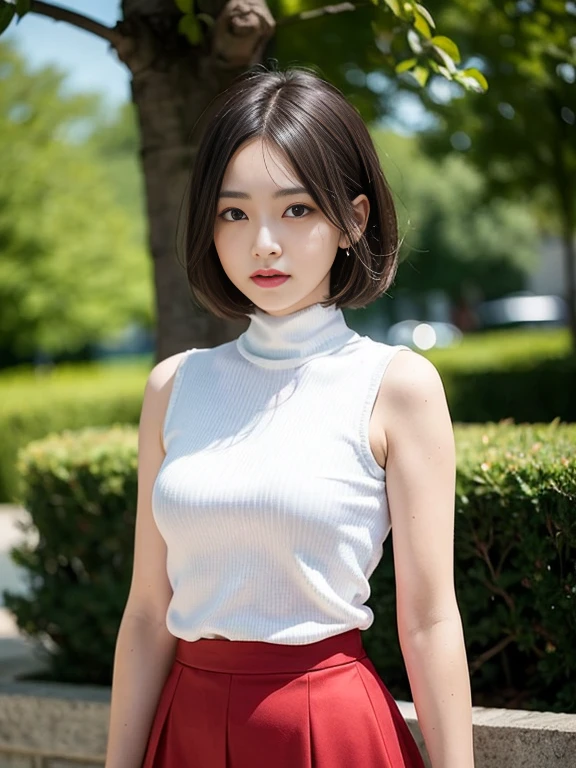 、(masterpiece、Highest quality)、Highest quality, Ultra-high resolution, (((masterpiece))), alone, Sweat、Big eyes, Sleeveless、Outdoor、Floral Dress、turtleneck、Tight clothing、skirt、Composition from the front、(後ろCut your hair short、short hair、bionde、woman)、Shortcuts、Embarrassed face、Cut your hair short、Cute woman's 、Big Breasts