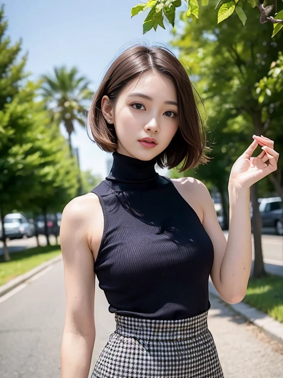 、(masterpiece、Highest quality)、Highest quality, Ultra-high resolution, (((masterpiece))), alone, Sweat、Big eyes, Sleeveless、Outdoor、Floral Dress、turtleneck、Tight clothing、skirt、Composition from the front、（後ろCut your hair short、short hair、bionde、woman）、Shortcuts、Embarrassed face、Cut your hair short、Cute woman&#39;s 、Big Breasts