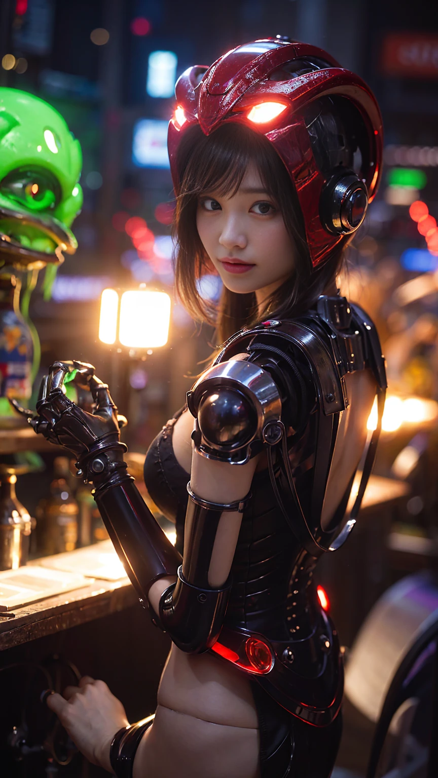 (Scantily clad robot girl with alien background)、(Mystical Expressions)、Highest quality、masterpiece、Ultra-high resolution、(Photorealistic:1.4)、RAW Photos、1 girl、Glowing Skin、(((1. Mechanical Girl)))、(red metalボディスーツ)、(Natural alien background for fighting aliens)、(Small LED)、((Ultra-Realistic Details))、垂直のhugeモンスターの背景),Global Illumination、Shadow、Octane Rendering、8k、Super sharp、equipment people background、huge 、Bare skin exposed in the cleavage、red metal、Intricate decorative detailore about Japan、Very intricate details、Realistic Light、(Mystical Expressions),CG Society Trenrow Eyes、Eyes shining at the camera、Mechanical marginal vessels connected to neon detailed tubes)、(Wires and cables connected to the head)、Small LED、,Mechanical thighs、Toostook、(Hands are also made of machines)、、future alien、Please wear a mechanical helmet、