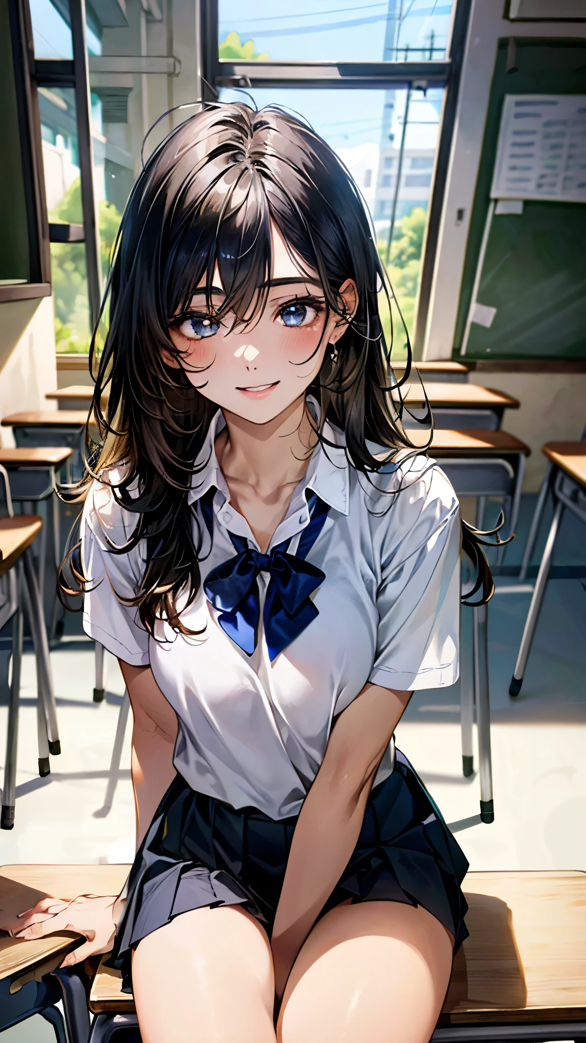 (masterpiece:1.3, top-quality, ultra high res, ultra detailed), (realistic, photorealistic:1.4), beautiful illustration, perfect lighting, colorful, depth of fields, nsfw,
beautiful detailed hair, beautiful detailed face, beautiful detailed eyes, beautiful clavicle, beautiful body, beautiful chest, beautiful thigh, beautiful legs, beautiful fingers,
looking at viewer, 1 girl, high school girl, (perfect anatomy, anatomically correct, super detailed skin), perfect face, perfect eyes, cute and symmetrical face, babyface,
(long hair:1.5, messy hair, black hair), hair between eyes:0.7, marine blue eyes, slant eyes, big eyes, long eye lasher, (medium breasts, seductive thighs), slender, shiny skin, glowing skin,
(navy knit vest with white line, short sleeve white collared shirt, grey pleated skirt), black socks, white panties,
(beautiful scenery), morning, (classroom:1.2), sitting on chair, (lovery smile, upper eyes, parted lips),