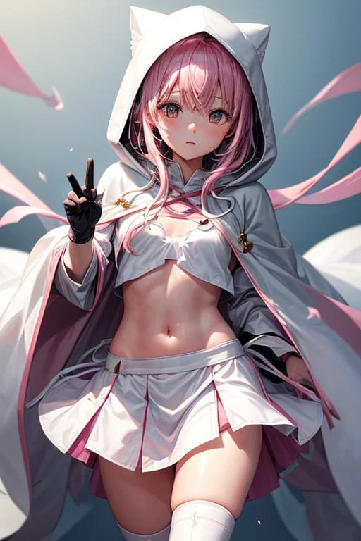 girl、Magia Records、(((Iroha Ring)))、(((hooded cloak)))、White hood、(((ピンク縁どりWhite hood)))、White cloak、(((Pink bordered cape)))、(((White Super Mini Skirt)))、Black Stockings、See-through black underwear、Knee-high boots、Pink Hair、Bangs、One braid、((Belly button))、See-through black belly warmer、crossbow、Gloves、No decoration、Simple design、Cross the white cloth to cover your chest