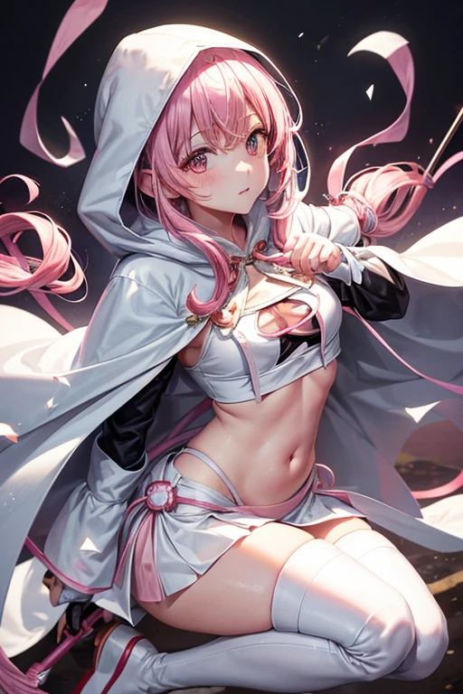 girl、Magia Records、(((Iroha Ring)))、(((hooded cloak)))、White hood、(((ピンク縁どりWhite hood)))、White cloak、(((Pink bordered cape)))、(((White Super Mini Skirt)))、Black Stockings、See-through black underwear、Knee-high boots、Pink Hair、Bangs、One braid、((Belly button))、See-through black belly warmer、crossbow、Gloves、No decoration、Simple design、Cross the white cloth to cover your chest