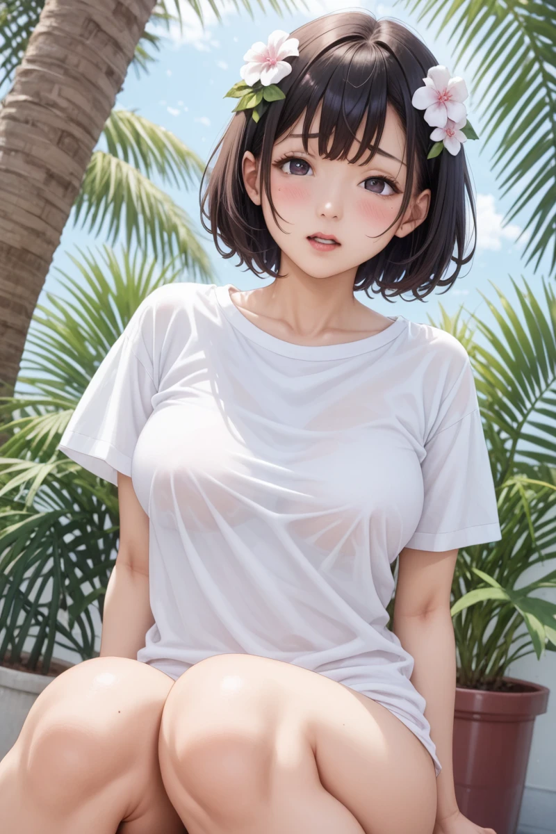 score_9,score_8_superior,score_7_superior,8k, High resolution, 5 years old、beautiful girl, bright black hair, Thin Hair, Small face, cute、Large Breasts、Highest quality,Japanese face、small mole on the corner of the eye,((Puffy eyes))、(superior目づかい)、Short Bob、Riverbank、口角superiorがる、Beautiful legs、Flower Hair Ornaments、sexy、Sensual、Blushing、Palm tree、Ocean、Oversized white T-shirt、orgasm、