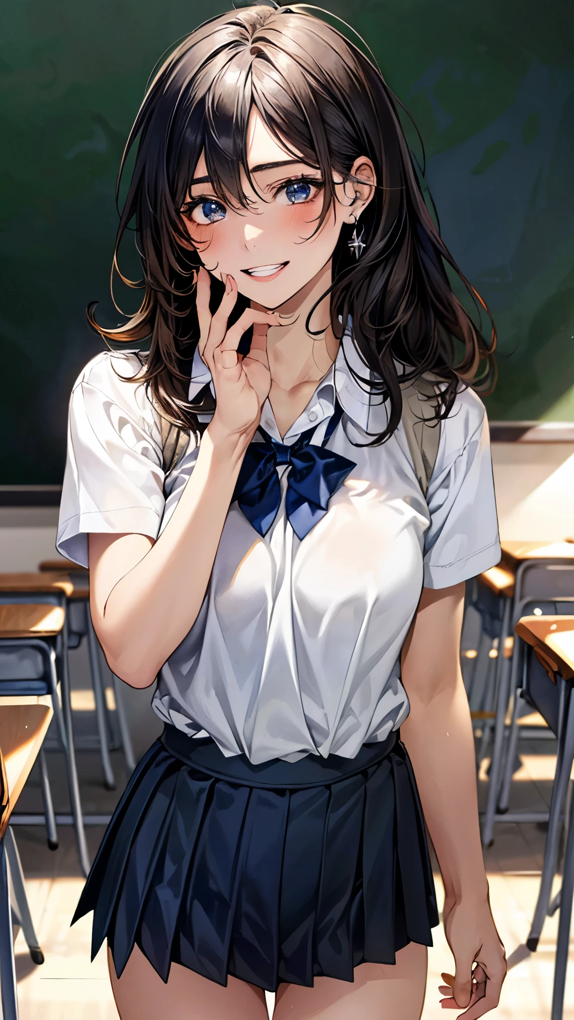 (masterpiece:1.3, top-quality, ultra high res, ultra detailed), (realistic, photorealistic:1.4), beautiful illustration, perfect lighting, colorful, depth of fields, nsfw, 
beautiful detailed hair, beautiful detailed face, beautiful detailed eyes, beautiful clavicle, beautiful body, beautiful chest, beautiful thigh, beautiful legs, beautiful fingers, 
looking at viewer, 1 girl, high school girl, (perfect anatomy, anatomically correct, super detailed skin), perfect face, perfect eyes, cute and symmetrical face, babyface, 
(long hair:1.5, messy hair, black hair), hair between eyes:0.7, marine blue eyes, slant eyes, big eyes, long eye lasher, (medium breasts, seductive thighs), slender, shiny skin, glowing skin, 
(navy knit vest with white line, short sleeve white collared shirt, grey pleated skirt), black socks, white panties, 
(beautiful scenery), えヴぇにｇ, (classroom:1.2), standing, hands on waist, (grin, head tilt, parted lips),