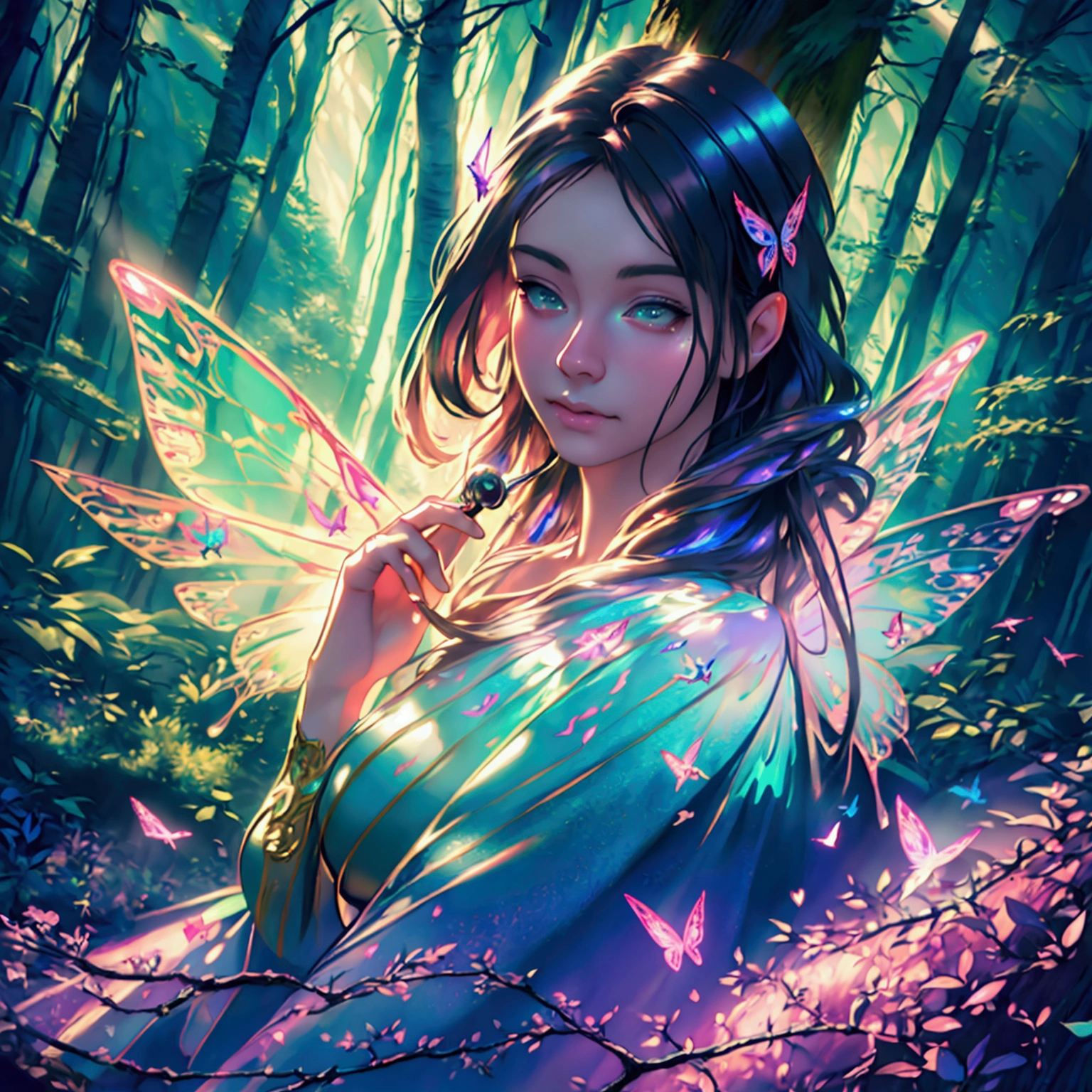 a fairy with multi colored wings of light flying through an enchanted forest,1girl,extremely detailed face and eyes,gorgeous fairy with beautiful flowing hair,colorful and glowing butterfly wings,enchanted forest with glowing mushrooms and flowers,sunlight filtering through the trees,cinematic lighting,vibrant colors,whimsical fantasy art,digital painting,(best quality,4k,8k,highres,masterpiece:1.2),ultra-detailed,(realistic,photorealistic,photo-realistic:1.37)