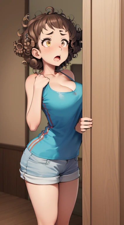 standing alone, female, 1 girl, hazel eyes, (((curly hair, shorth hair, short girl, shortstack))), breasts big, gaping mouth, lipstick, The wide eyes, (((Surprised expression))), fantasy village, Brown Cover