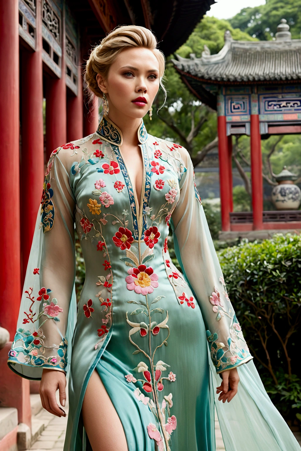 1 woman (Scarlett Johannsson, age 25, intricate silk Chinese dress with lots of embroidery sheer with several large slits, no underwear, traditional hairstyle and Chinese makeup) wandering through a palace garden