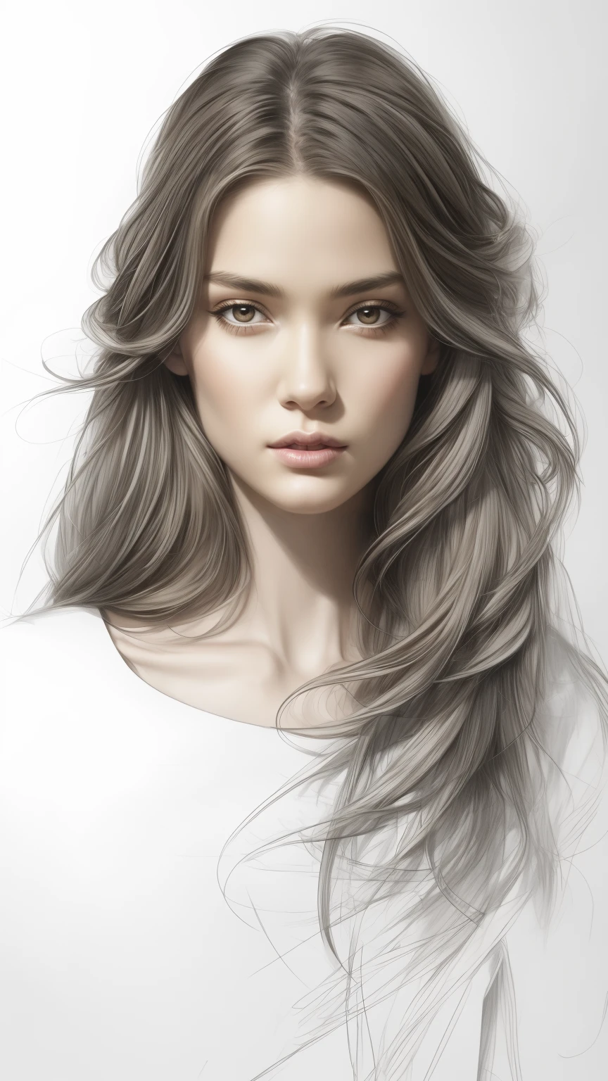 Beautiful girl, (upper body), (masterpiece, best quality:1.2), grayscale, (unfinished sketch:1.2), (partially colored:1.5), (grey background)