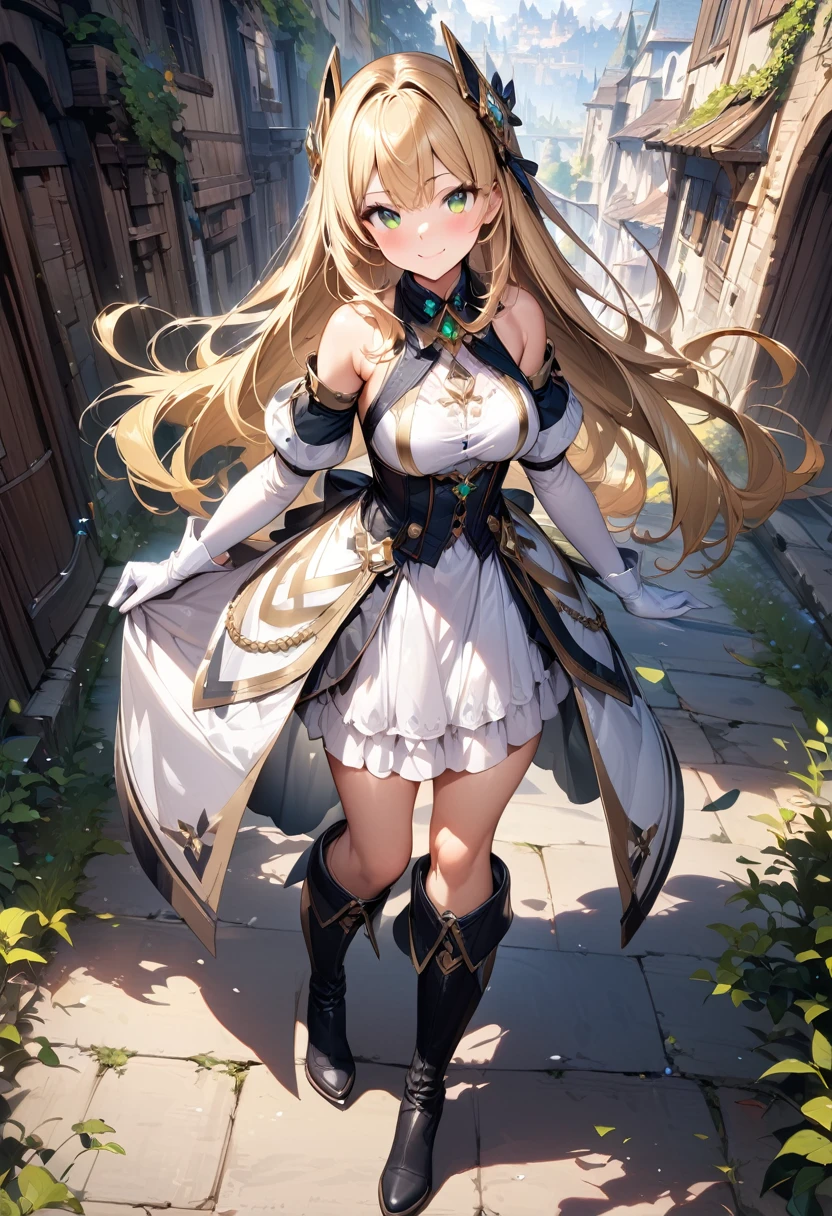 (masterpiece),(best quality),(ultra-detailed),(best illustration),(best shadow),(absurdres),(detailed background),(very aesthetic), 1girl, green-eyes, solo, gloves, blonde-hair, ((long-hair)), white-gloves, looking-at-viewer, full-body, simple-background, boots, dress, breasts, smile, standing, hair-ornament, closed-mouth, bangs, knee-boots, medium-breasts, bare-shoulders, detached-sleeves, ribbon, headgear, blush, sleeveless, elbow-gloves, skirt