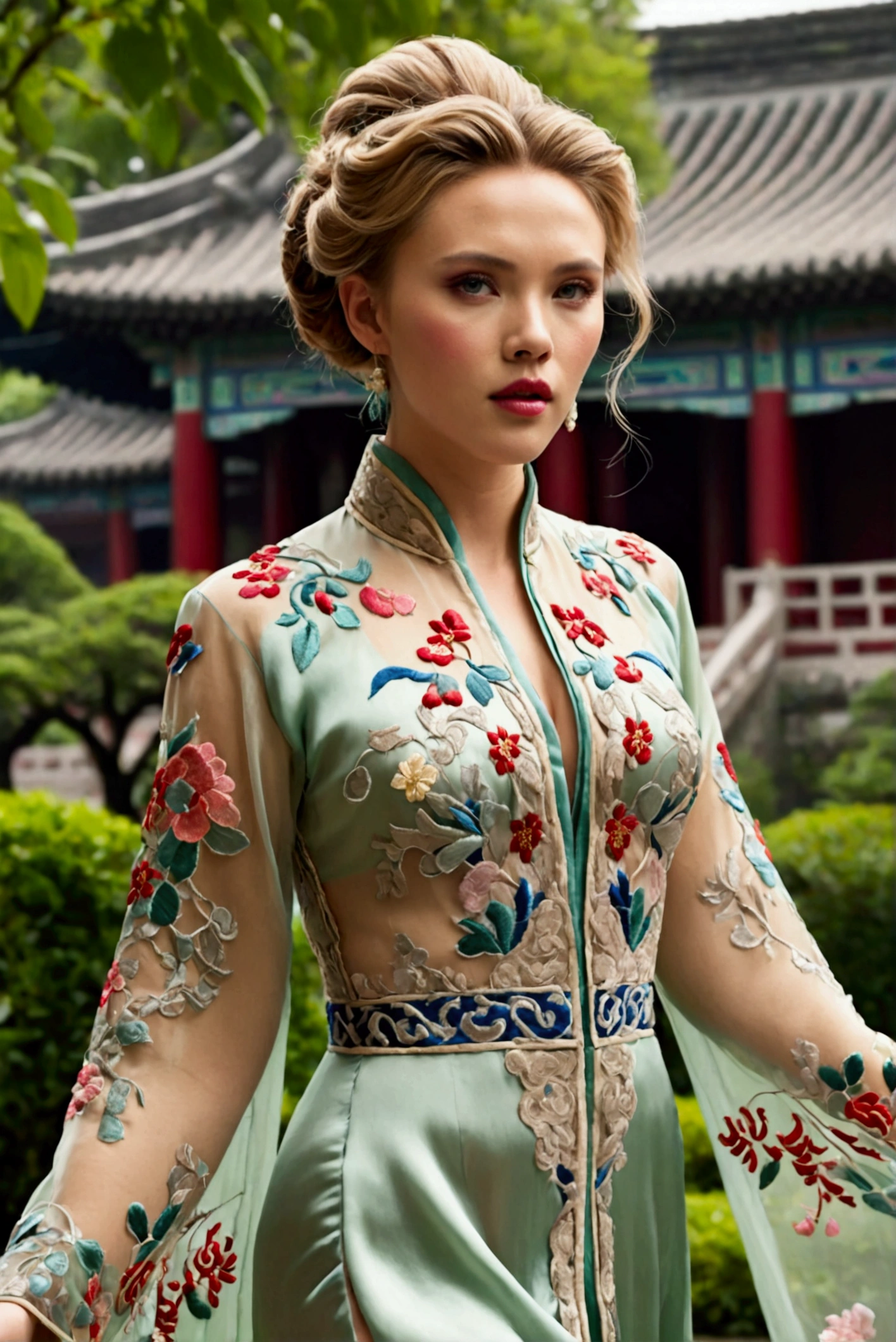 1 woman (Scarlett Johannsson, age 25, intricate silk Chinese dress with lots of embroidery sheer with several large slits, no underwear, traditional hairstyle and Chinese makeup) wandering through a palace garden
