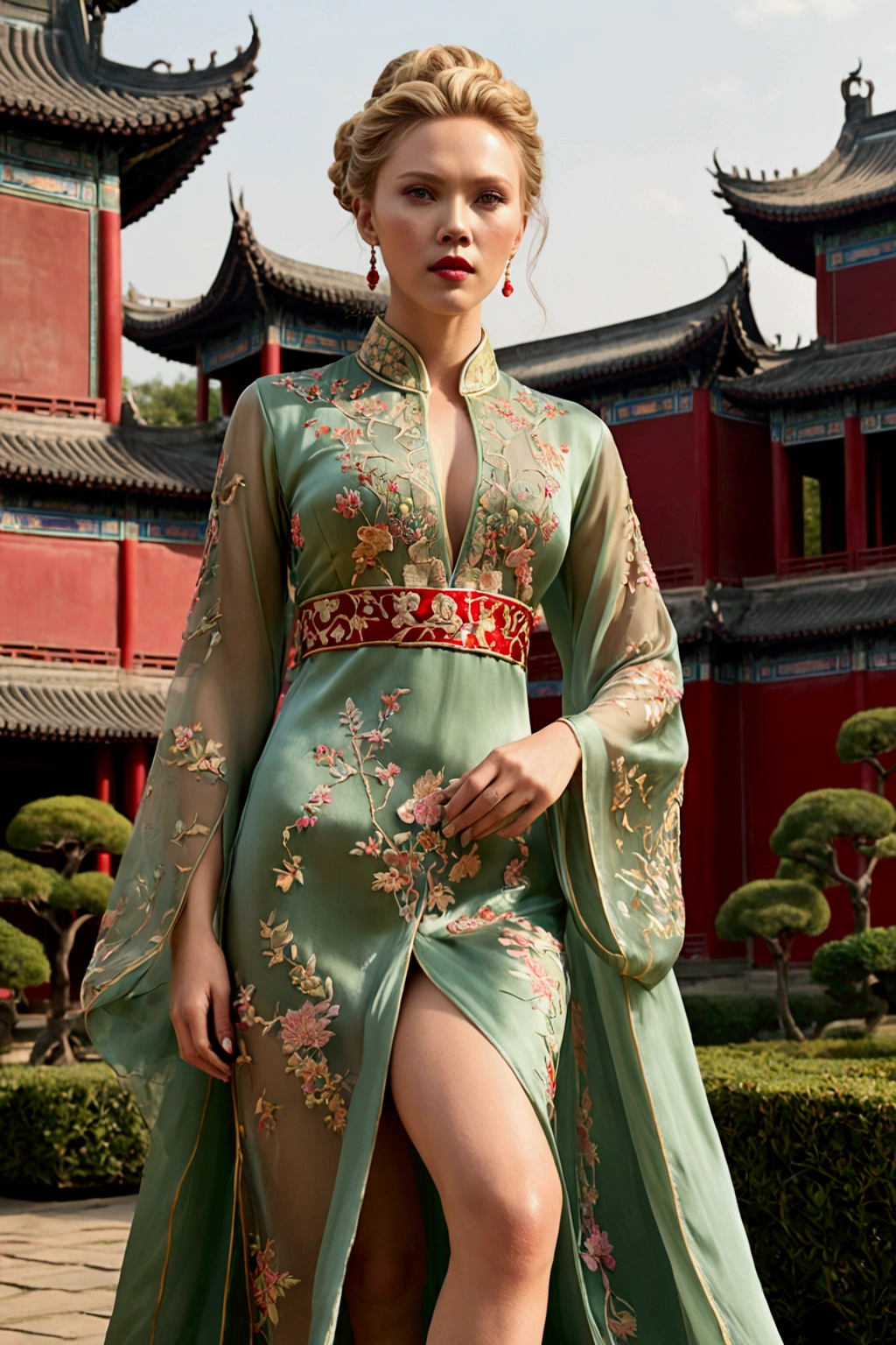 1 woman (Scarlett Johannsson, age 25, intricate silk Chinese dress with lots of embroidery sheer with several large slits, no underwear, traditional hairstyle and Chinese makeup) wandering through a palace garden
