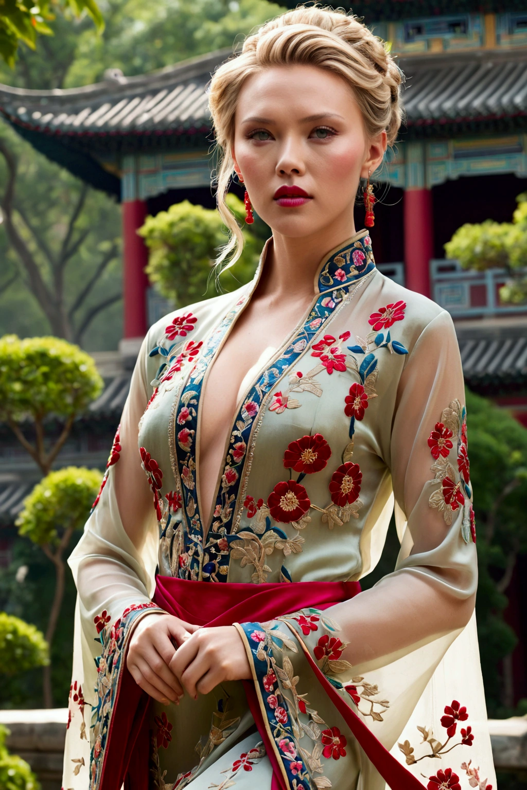 1 woman (Scarlett Johannsson, age 25, intricate silk Chinese dress with lots of embroidery sheer with several large slits, no underwear, traditional hairstyle and Chinese makeup) wandering through a palace garden
