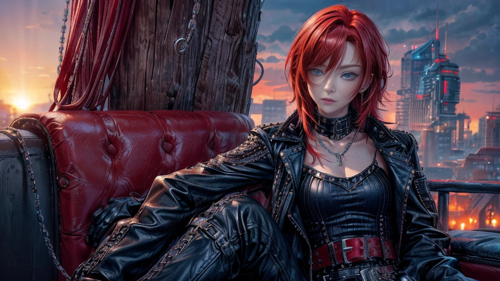 cinematic lighting、highest quality,cyberpunk world、1 female、(20 year old beautiful woman、Detailed beautiful facial featureedium bob red hair、shoulder length hair、Blue eyes:1.4)smile、BREAK,medium bob、（bright red hair:1.5）
BREAK
((dark leather rebellion) theme),（sexy punk rock t-shirt） (full leather outfit with a fitted white color leather jacket,:1.3 ）（leather pants, and chunky boots:1.1), (accessorized with silver chain jewelry and a studded leather belt:1.3)、BREAK.（red hair）
（Evening after the rain、You can see the sunset、A place where you can see futuristic buildings in the distance、A wet place right after the rain:1.2）BREAK（portrait angle）