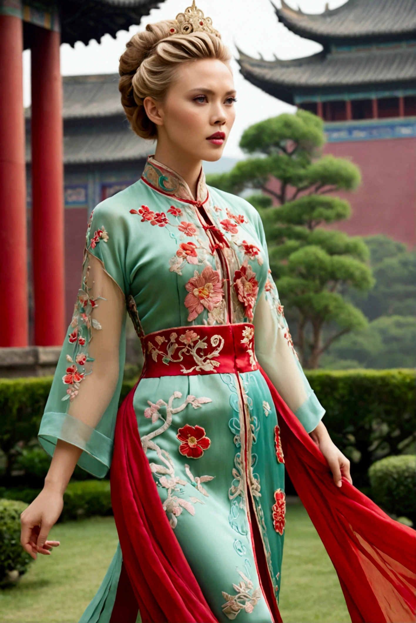 1 woman (Scarlett Johannsson, age 25, intricate silk Chinese dress with lots of embroidery sheer with several large slits, no underwear, traditional hairstyle and Chinese makeup) wandering through a palace garden