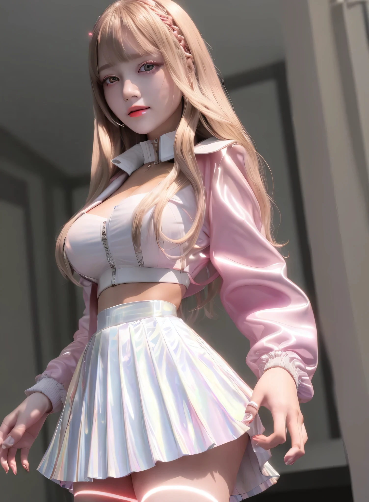 masterpiece, best quality, ultra-detailed, illustration, (close-up, face focus:1.1),

1girl,  large breasts, long hair, full body, blush, bangs, jacket, pleated skirt, laser gradient pleated skirt, white pantyhose, white fishnet_legwear, (pink jacket, red glowing eyes:1.3), light blonde hair, Collar,evil smile,shiny hair, shiny skin, shiny eyes,

