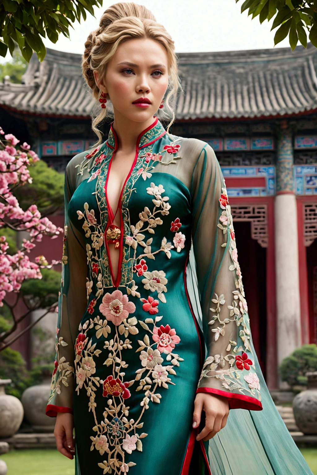 1 woman (Scarlett Johannsson, age 25, intricate silk Chinese dress with lots of embroidery sheer with several large slits, no underwear, traditional hairstyle and Chinese makeup) wandering through a palace garden
