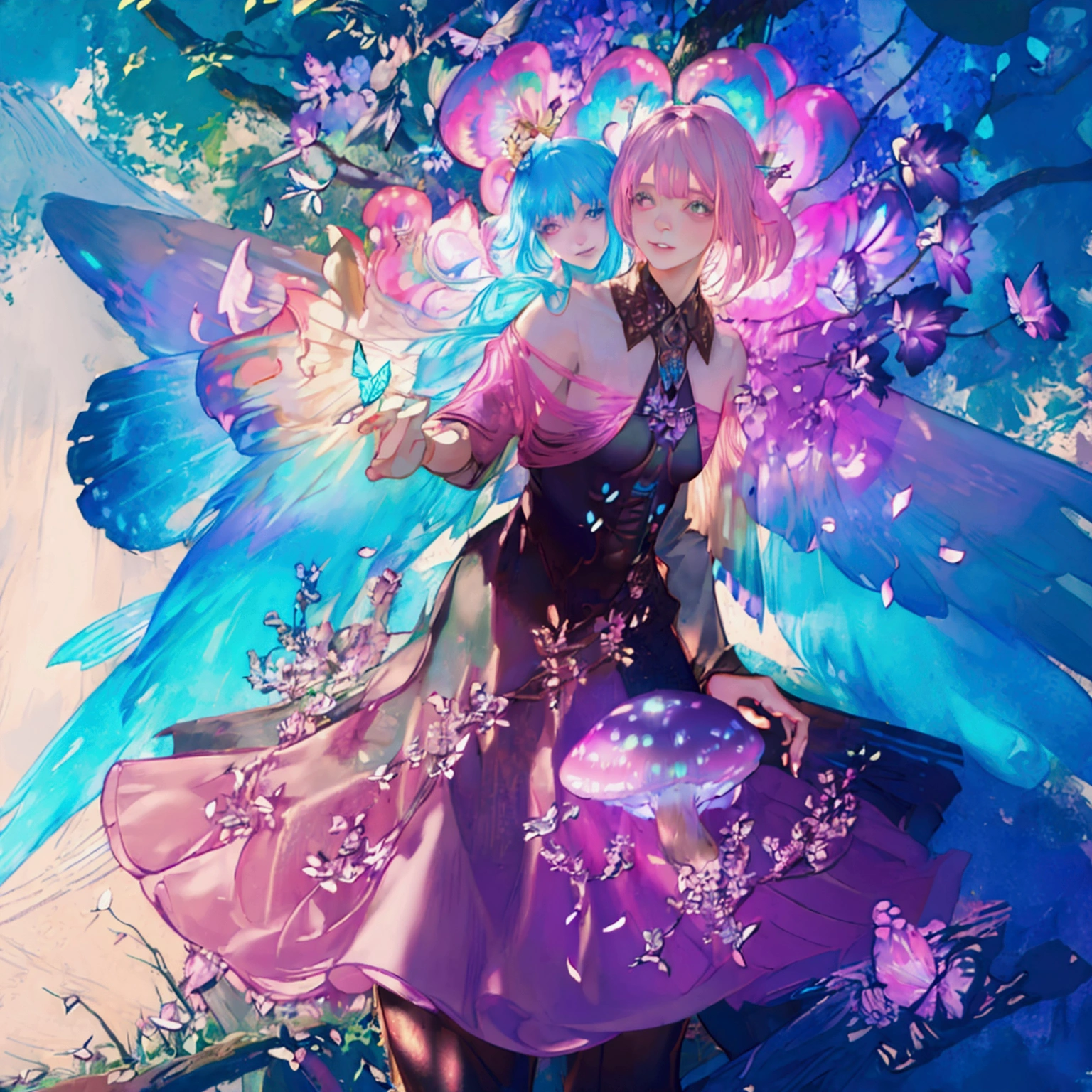 a fairy with multi colored wings of light flying through an enchanted forest,1girl,extremely detailed face and eyes,gorgeous fairy with beautiful flowing hair,colorful and glowing butterfly wings,enchanted forest with glowing mushrooms and flowers,sunlight filtering through the trees,cinematic lighting,vibrant colors,whimsical fantasy art,digital painting,(best quality,4k,8k,highres,masterpiece:1.2),ultra-detailed,(realistic,photorealistic,photo-realistic:1.37)