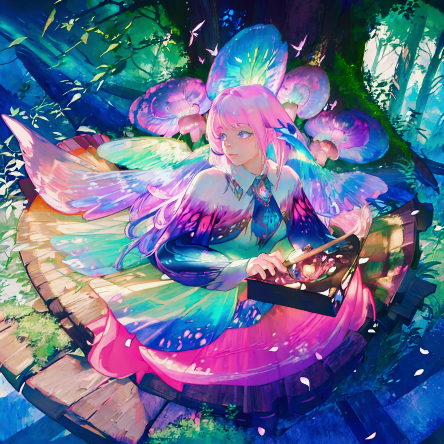a fairy with multi colored wings of light flying through an enchanted forest,1girl,extremely detailed face and eyes,gorgeous fairy with beautiful flowing hair,colorful and glowing butterfly wings,enchanted forest with glowing mushrooms and flowers,sunlight filtering through the trees,cinematic lighting,vibrant colors,whimsical fantasy art,digital painting,(best quality,4k,8k,highres,masterpiece:1.2),ultra-detailed,(realistic,photorealistic,photo-realistic:1.37)