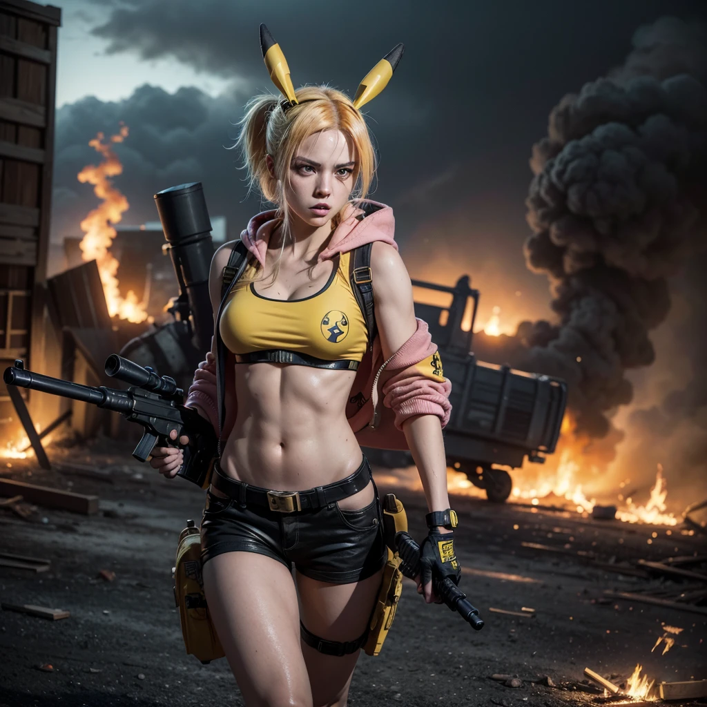 A highly detailed and dynamic illustration of a Tank Girl-like character in a post-apocalyptic setting. The character is wearing a yellow Pikachu-inspired hoodie, with a target-patterned bikini top, pink bikini, and mismatched socks. She is carrying a large gun and a revolver, with grenades attached to her belt. Her hair is vibrant green and she has a confident, rebellious expression. The background features a dramatic fiery landscape with smoke and embers, creating an intense atmosphere. The overall style should be reminiscent of comic book art with bold lines, vibrant colors, and a gritty, energetic aesthetic.