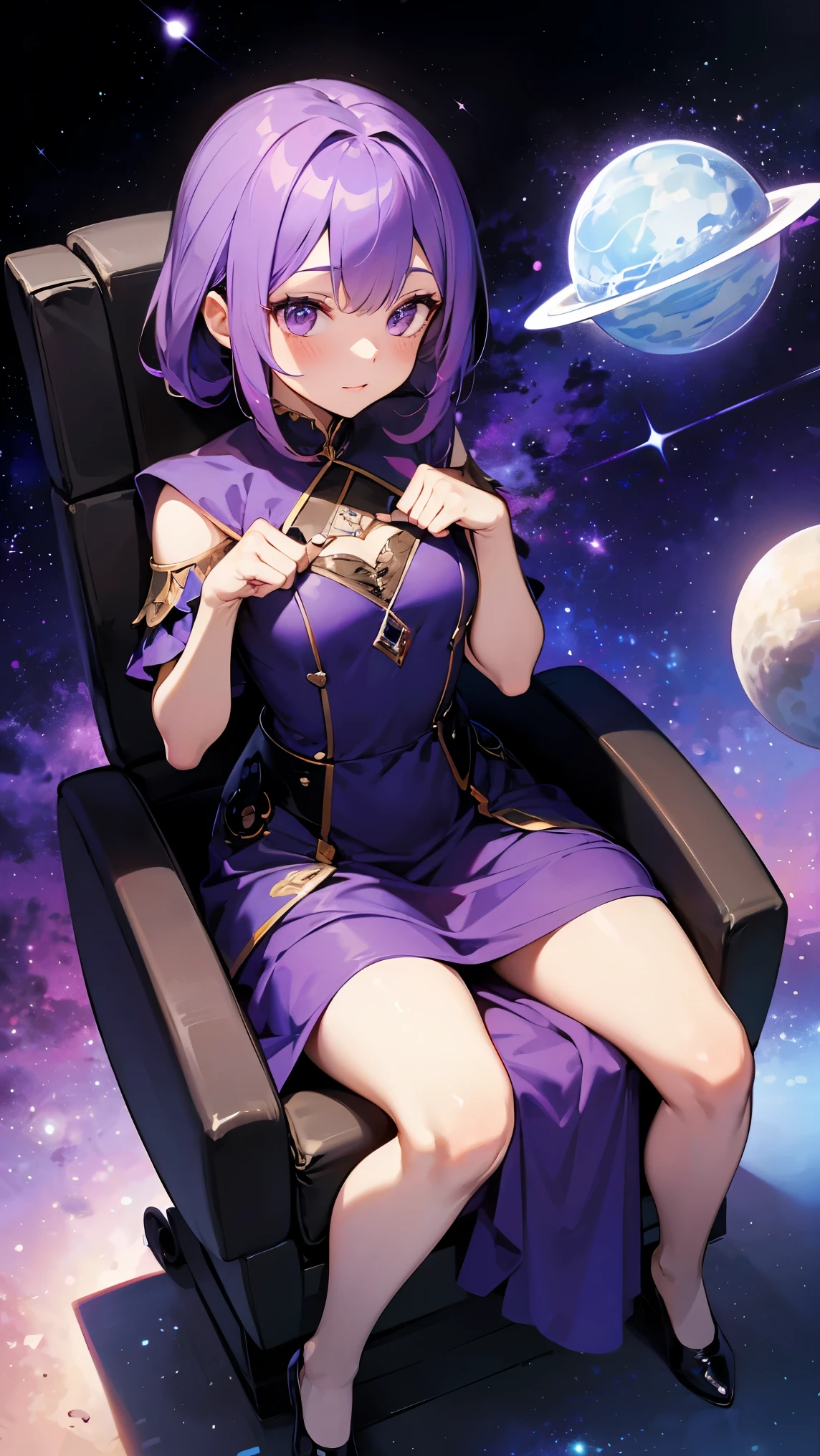 Gemstones Space Background　Sitting on the throne　Purple Hair　Purple eyes　Purple Dress　beautiful girl