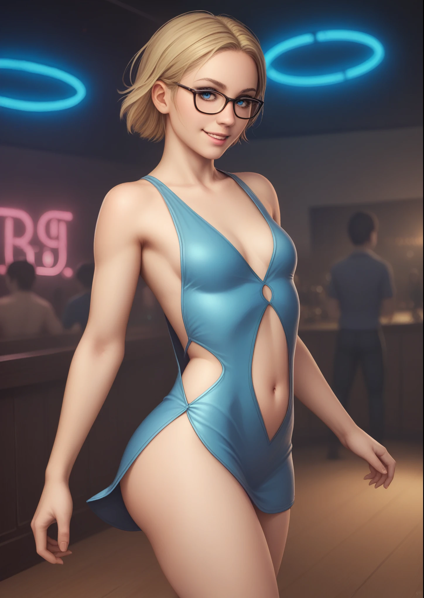1girl, cassie_drake, short hair, blonde hair, blue eyes, glasses, small breasts, golden minidress, side slit, backless dress, navel cutout, no underwear, wide hips, smile, solo focus, cowboy shot, dynamic pose, dancing, ass, indoors, club, neon lights, lighting, shadows, blurry background, source_realistic, (score_9, core_8_up, score_7_up, score_6_up)