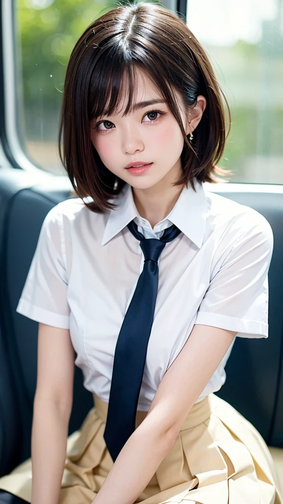 (masterpiece, Highest quality:1.2), 8k, 15 years, 85mm, Official Art, RAW Photos, Absurd, White dress shirt, Pretty face, close, Upper Body, violet, Gardenia, beautiful girl, , (Navy Pleated Skirt:1.1), Squeeze the waist, Medium delicious,Thighs, Short sleeve, in the train, sit on bench seat, View your viewers, No makeup, (smile:0.4), Film Grain, chromatic aberration, Sharp focus, Face Light, Bright lighting, , Detailed face, Bokeh Background, (Dark red tie:1.1)