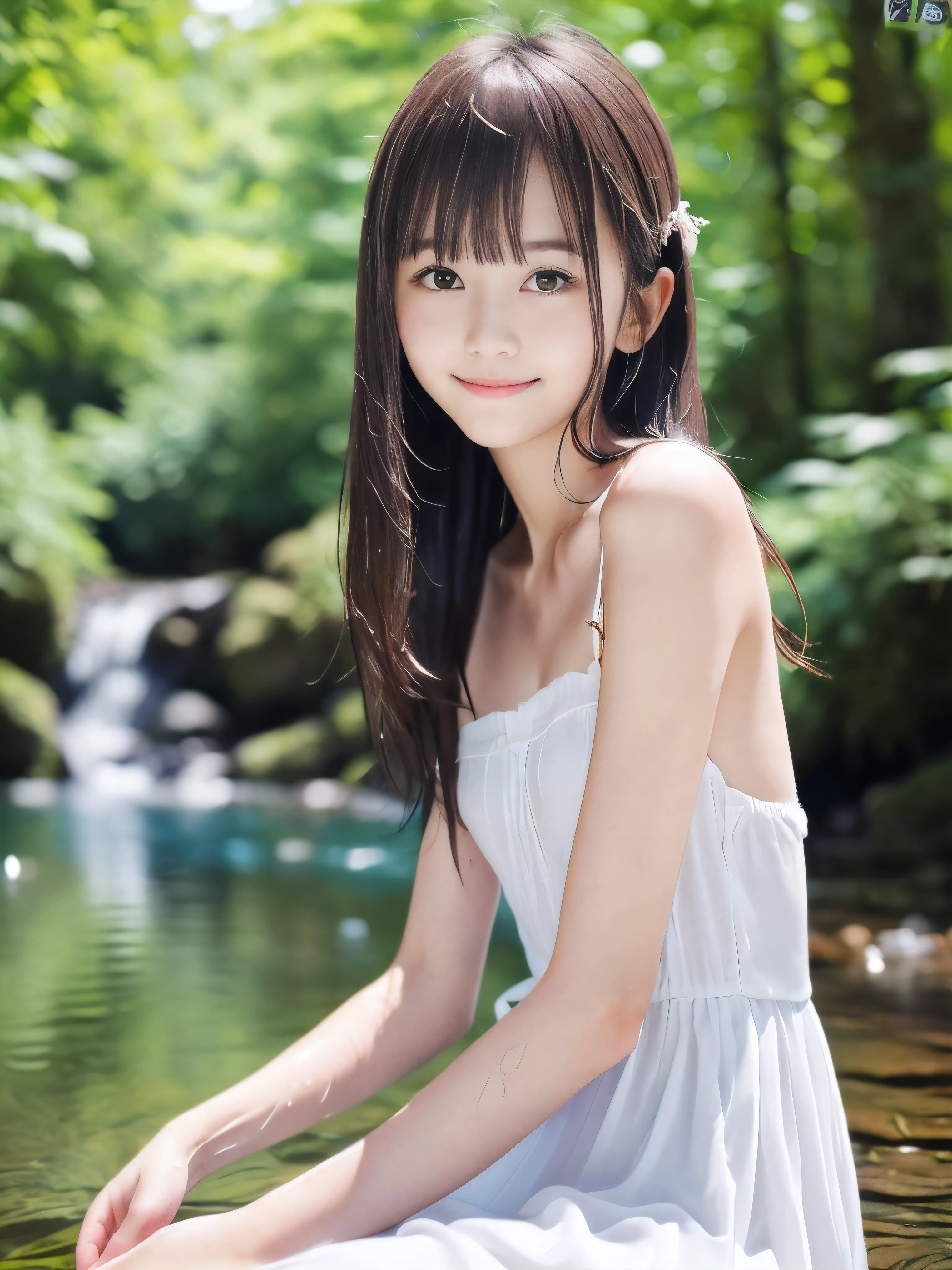 (Close up portrait of slender small-breasted half up brown long hair with bangs girl wearing a white summer dress:1.5)、(One girl is playing with small smile in the clear stream and water fall at the forest in Japan:1.5)、(Summer beautiful blue sky and forest:1.5)、(blurred background:1.5)、(8k ultra detailed master piece:1.5)、(perfect anatomy:1.5)、(Photorealistic stick:1.5)、(Raw photo:1.3)、(highest quality:1.5)、(High resolution:1.3)、(Delicate and beautiful perfect face:1.3)、(Delicate and beautiful eye air skin:1.3)、(Real Human Skin:1.3)、((thin legs))