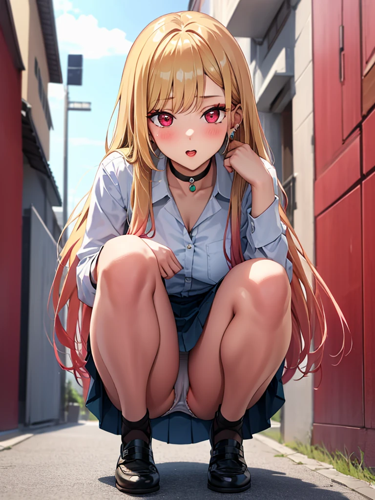 kitagawa marin, 1girl, Blonde, Long Hair, Multicolored Hair, Red eyes, jewelry, Earrings, Earrings, Black choker, Skirt Lift, Panty shot, squat, blush, Lure, alley, uhd, retina, masterpiece, ccurate, anatomically correct, textured skin, super detail, high details, high quality, best quality, highres, 4K