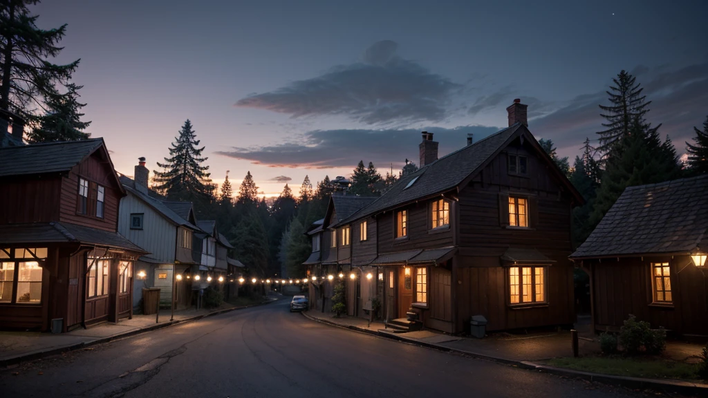Create a realistic scene of a quaint Victorian town at dusk, surrounded by a dense, foreboding forest. The sky is a deep purple as the sun sets, casting long shadows over the cobblestone streets. In the distance, the dark forest looms, with tall trees silhouetted against the fading light. The town appears both charming and ominous, hinting at the mysteries hidden within the nearby woods.