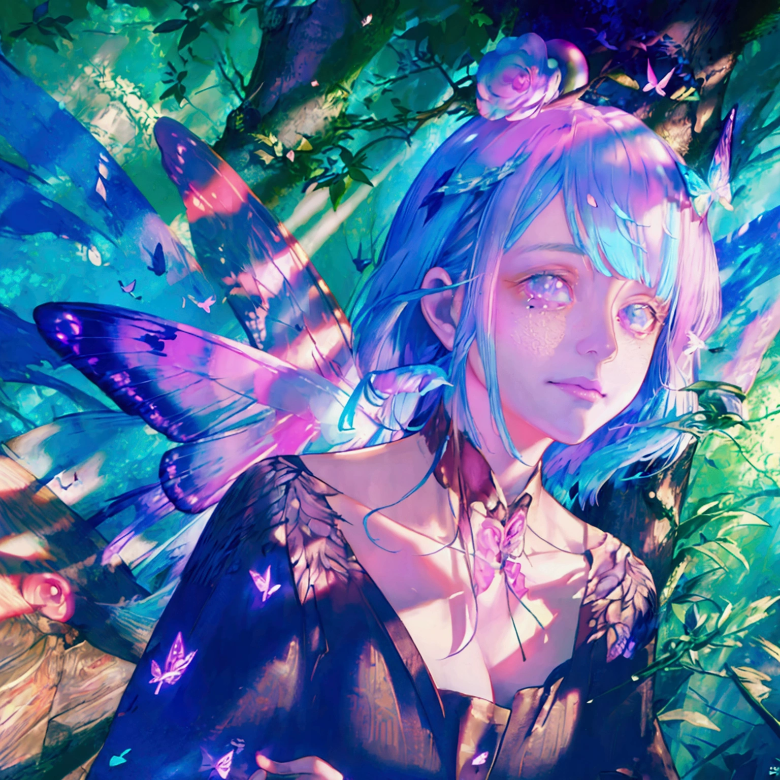 a fairy with multi colored wings of light flying through an enchanted forest,1girl,extremely detailed face and eyes,gorgeous fairy with beautiful flowing hair,colorful and glowing butterfly wings,enchanted forest with glowing mushrooms and flowers,sunlight filtering through the trees,cinematic lighting,vibrant colors,whimsical fantasy art,digital painting,(best quality,4k,8k,highres,masterpiece:1.2),ultra-detailed,(realistic,photorealistic,photo-realistic:1.37)