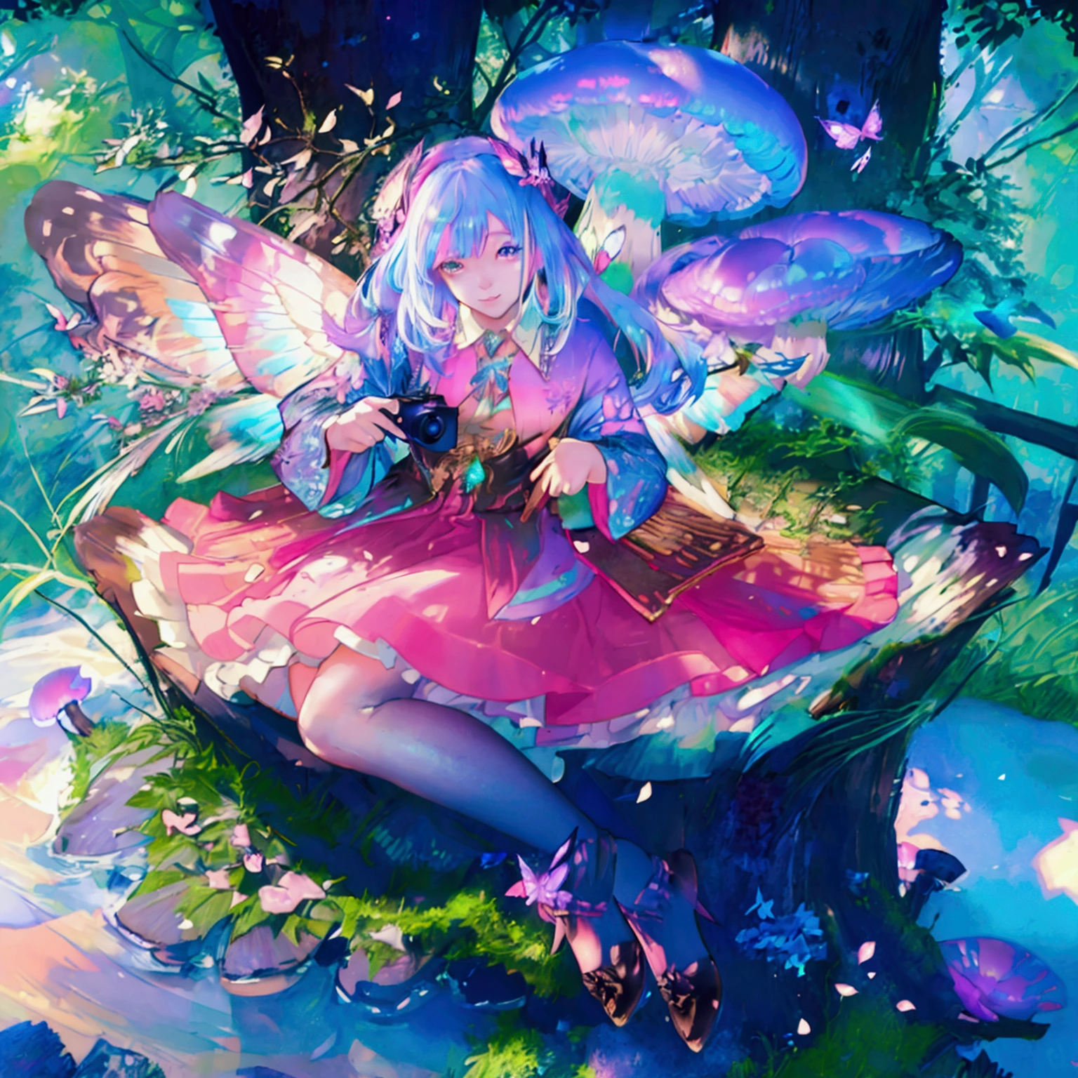 a fairy with multi colored wings of light flying through an enchanted forest,1girl,extremely detailed face and eyes,gorgeous fairy with beautiful flowing hair,colorful and glowing butterfly wings,enchanted forest with glowing mushrooms and flowers,sunlight filtering through the trees,cinematic lighting,vibrant colors,whimsical fantasy art,digital painting,(best quality,4k,8k,highres,masterpiece:1.2),ultra-detailed,(realistic,photorealistic,photo-realistic:1.37)