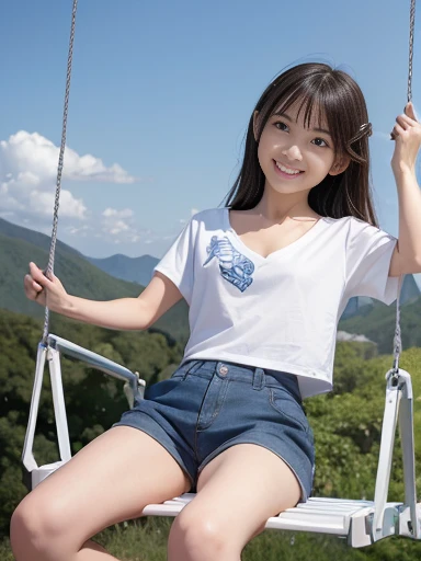 Japanese female, a lot of details, (underweight), detailed black hair, beautiful detailed hair, super fucking beautiful, delicate beautiful face, complex details beautiful and delicate eyes, perfect hands, (flat chest best quality:1.5), perfect and delicate limbs, detailed skin, best quality, ultra-detailed,(cheerful grin:1.5),
mountain, sky, Swing, riding Swing, two side up, (white t-shirt), (blue shorts), in the sky, on the mountain, (with a Swing), full body shot,from front, gigantic scale