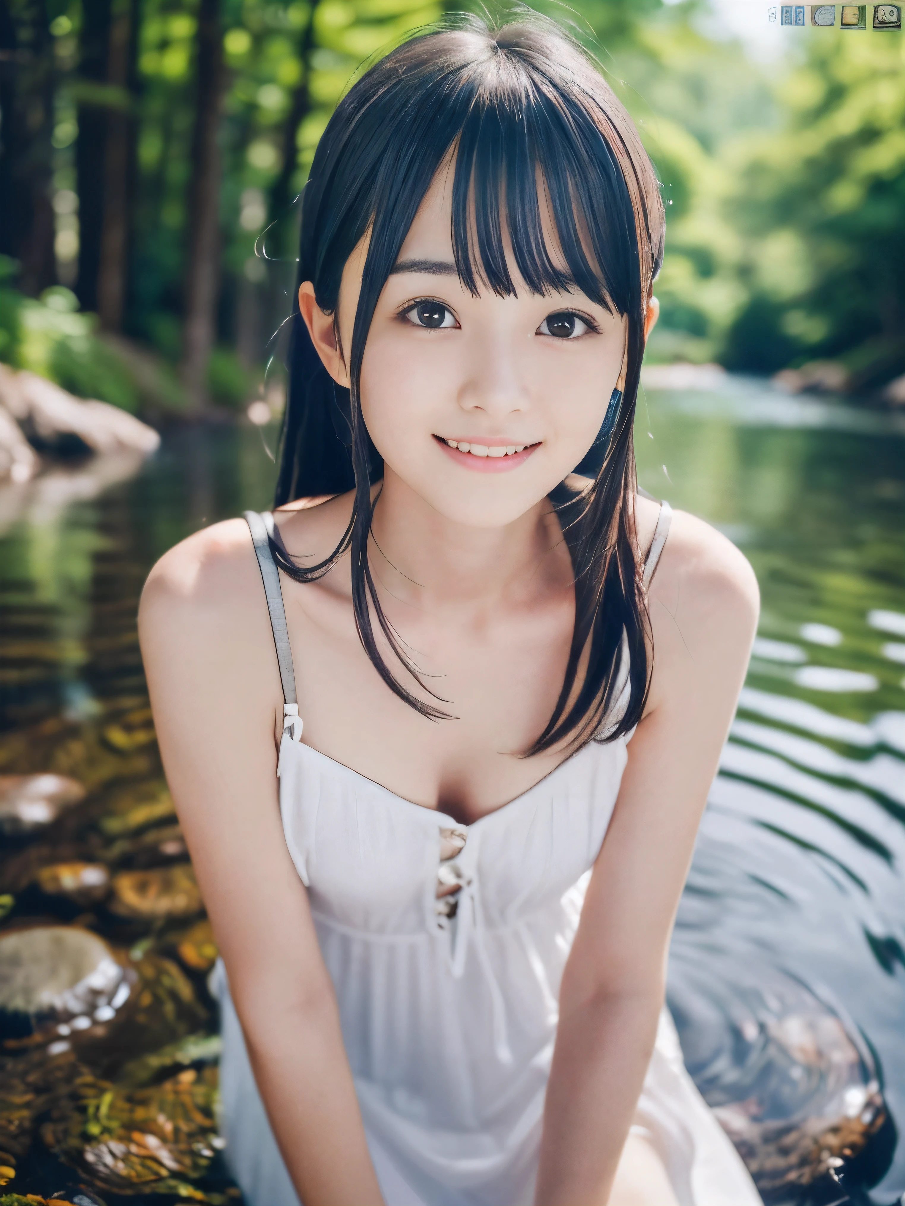 (Close up portrait of slender small-breasted dark silver long hair with swept bangs girl wearing a white summer dress:1.5)、(One girl is splaying with small smile in the clear stream and water fall at the forest in Japan:1.5)、(Summer beautiful blue sky and forest:1.5)、(blurred background:1.5)、(8k ultra detailed master piece:1.5)、(perfect anatomy:1.5)、(Photorealistic stick:1.5)、(Raw photo:1.3)、(highest quality:1.5)、(High resolution:1.3)、(Delicate and beautiful perfect face:1.3)、(Delicate and beautiful eye air skin:1.3)、(Real Human Skin:1.3)、((thin legs))