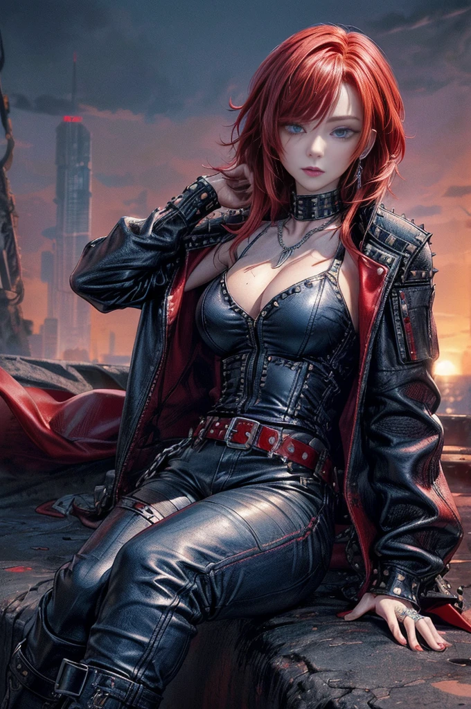 cinematic lighting、highest quality,cyberpunk world、1 female、(20 year old beautiful woman、Detailed beautiful facial featureedium bob red hair、shoulder length hair、Blue eyes:1.4)smile、BREAK,medium bob、(bright red hair:1.5)
BREAK
((dark leather rebellion) theme),(sexy punk rock t-shirt) (full leather outfit with a fitted white color leather jacket,:1.3 )(leather pants, and chunky boots:1.1), (accessorized with silver chain jewelry and a studded leather belt:1.3)、BREAK.(red hair)
(Evening after the rain、You can see the sunset、A place where you can see futuristic buildings in the distance、A wet place right after the rain:1.2)BREAK(portrait angle)